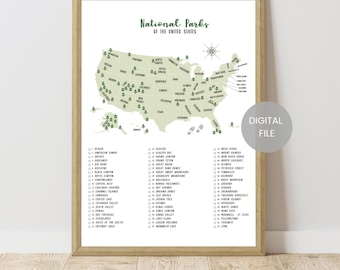 Kaart nationale parken VS-63 Checklist nationale parken-Nationale parken van de Verenigde Staten Tracker - Reisbucketlist - National Parks Tracker
