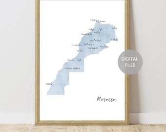 Kaart Marokko - Marokko reiskaart - Marokko Wall Art Print - Marokko kaart met steden - aquarel kaart poster - kaart cadeau voor reiziger
