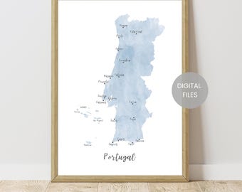 Portugal Map - Portugal  Travel Map - Watercolor Map Of Portugal  - Portugal Wall Art Print - Portugal Map Poster - Map Gift For Traveler