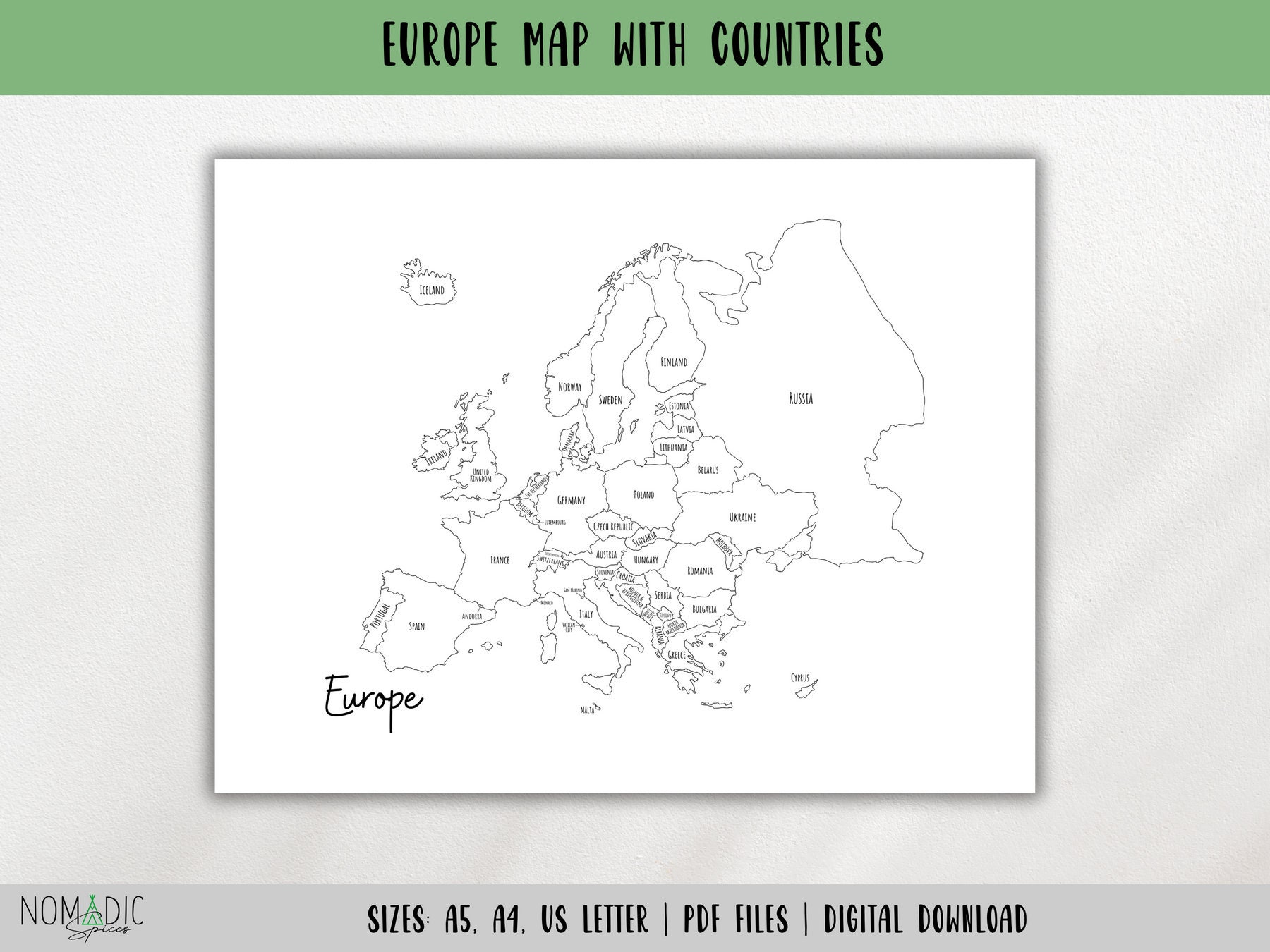 Europe Travel Map With Countries-Travel Planner Insert-Coloring Page PDF-Travel Book Page-Europe Outline Map-Travel Tracker-DIGITAL DOWNLOAD