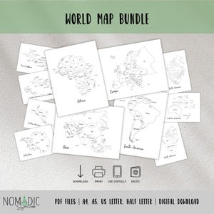 Paquete de mapas del mundo - Inserto para planificador de viajes - Mapas de continentes etiquetados - Registro de viajes - Rastreador de viajes - Mapas de viaje esquemáticos en PDF
