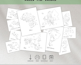 World Map Bundle - Travel Planner Insert - Labeled Continent Maps - Travel Log - Travel Tracker - Outline Travel Maps PDF