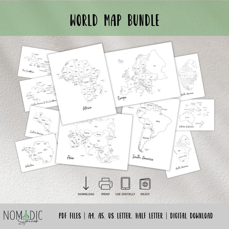 World Map Bundle - Travel Planner Insert - Labeled Continent Maps ...
