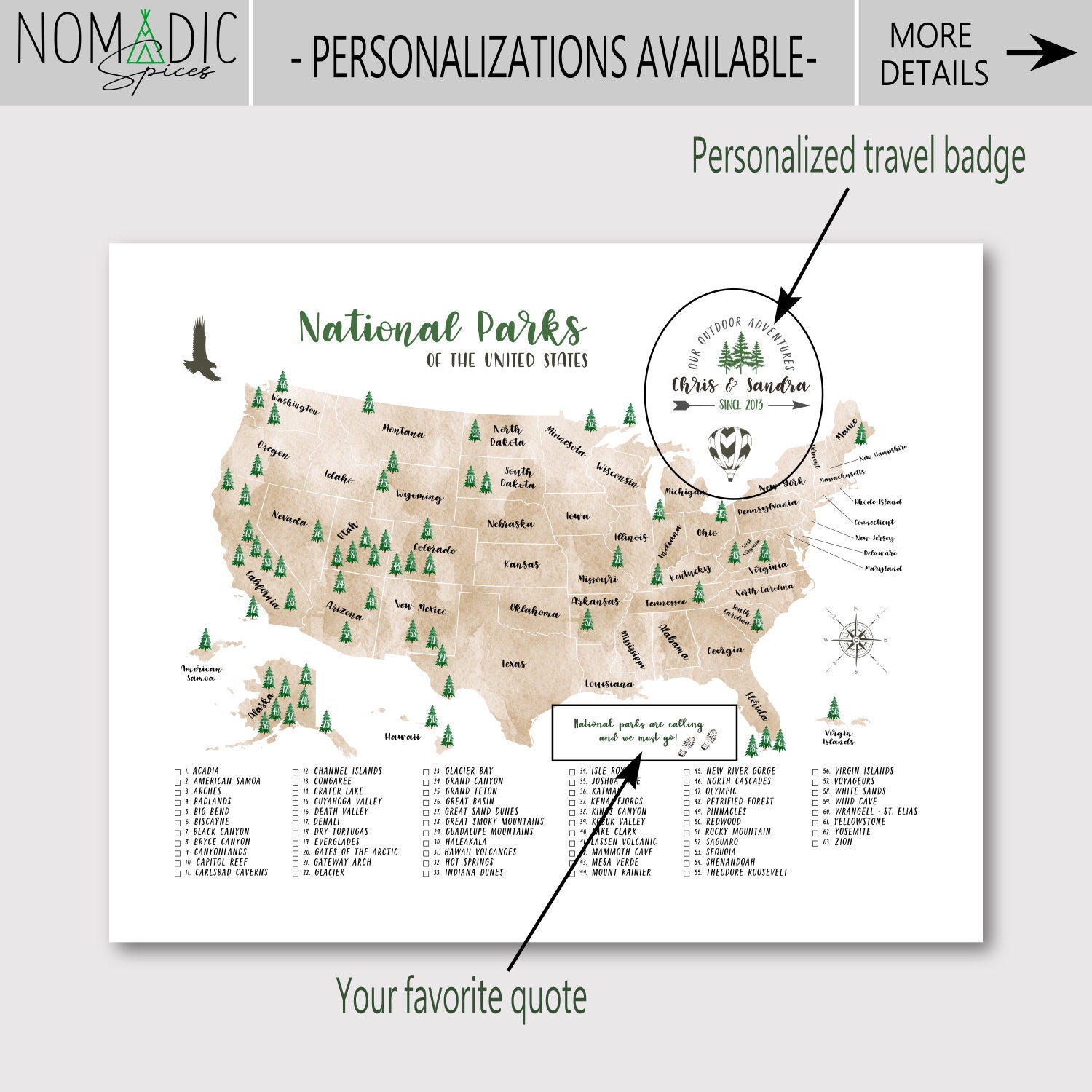 usa national parks map personalized map 63 national parks