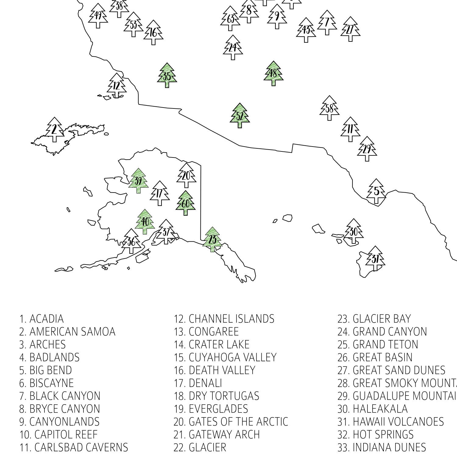 us national parks map us national parks checklist 63 national etsy