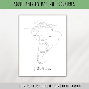 Südamerika Karte mit Ländern-Umriss Karte-Reise-Tracker-Karte Ausmalseite PDF-Reiseplaner Einfügen-Reise Buch Seite-DIGITAL DOWNLOAD