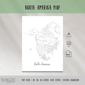 North America Map-Labeled Map of America-Outline Map-Travel Tracker-Map Coloring Page-Travel Planner Insert PDF-Learning Map-Digital Files