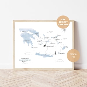 Personalized Travel Map - Greece Travel Map - Greek Islands Map - Custom Travel Map - Greece Sailing Map - Greece Vacation Map - Map Gift