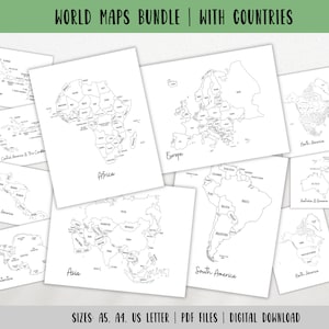 Weltreisekarten Bundle-Beschriftete Karten-Kontinente Karten-Länder Checkliste-Reisen Planer Insert-Outline Maps-Malseiten-DIGITAL DOWNLOAD
