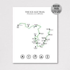 Ice Age Trail Map Print-ice Age Hiking Trail Map-ice Age Trail Hiking Map Poster-ice Age Trail ...
