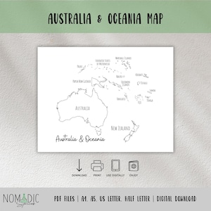 Carte de l'Australie, carte muette de l'Océanie avec encart pays, carnet de voyage, page de planificateur de voyage, suivi de voyage Australie, fichiers numériques