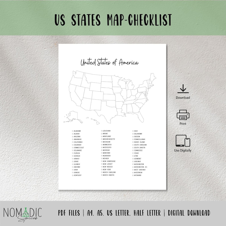 US States Map Checklist - States Travel Tracker - Outline Map PDF