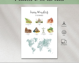 Seven New World Wonders-7 Wonders of the New World Map-Bucket Checklist & Map-Travel Planner Insert-Travel Book Page-Digital File