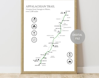 Appalachian Trail Map - Appalachian Trail Poster - Hiking Trail Map - AT Hiking Poster - AT Hiking Map Print - Map Gift For Hiker