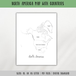 Nordamerika Karte mit Ländern-Umriss Karte-Reise-Tracker-Landkarte zum Ausmalen-Reise-Tracker-Einlegeseite-Lernkarte-DIGITALER DOWNLOAD