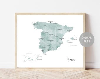 Mapa de España - Mapa turístico de España - Mapa de España en acuarela - Lámina decorativa de España - Póster del mapa de España - Mapa de regalo para viajeros