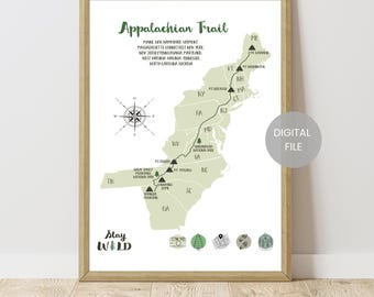 Appalachian Trail Map - Appalachian Trail Poster - Hiking Trail Map - AT Hiking Poster - AT Hiking Map Print - Gift For Hiker - Wall Art Map