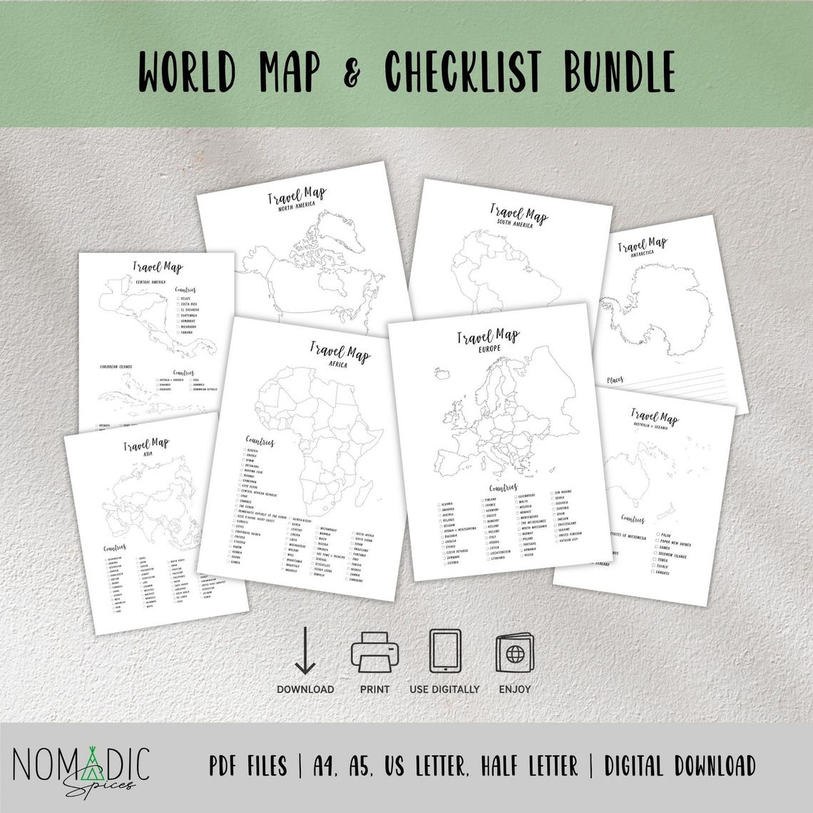 World Map Bundle - Travel Planner Insert - Continent Maps - Countries ...