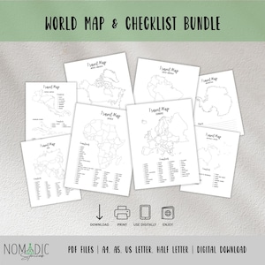 世界地図セット - 旅行プランナー挿入物 - 大陸地図 - 国別チェックリスト - 旅行記録 - 旅行トラッカー - アウトラインマップ（PDF）