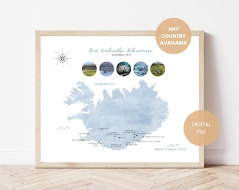 May include: A framed print featuring a watercolor map of Iceland with travel route highlights. The print includes the text "Our Icelandic Adventure" and "September 2021". Additional text reads "Any Country Available" and "Digital File".