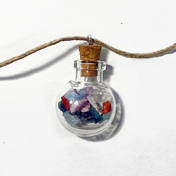 Aries Zodiac Crystal Bottle Necklace with Real Crystal Astrology Birthstones Including Aquamarine and Ruby