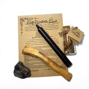May include: A self-protection spell kit with a black candle, a small glass jar filled with herbs and crystals, a piece of black obsidian, and a stick of palo santo wood. The kit comes with instructions on how to perform the spell.