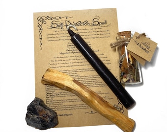 May include: A self-protection spell kit with a black candle, a small glass jar filled with herbs and crystals, a piece of black obsidian, and a stick of palo santo wood. The kit comes with instructions on how to perform the spell.