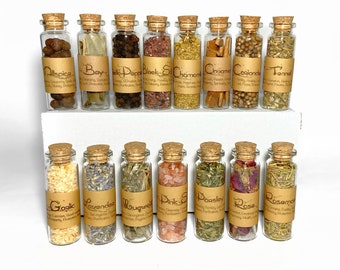 Apothecary Herbs Set for Witchcraft, Magic, Zodiac Natural Healing Set of 15mL Glass Jars Labeled for Spells, Rituals and Green Witch Magick