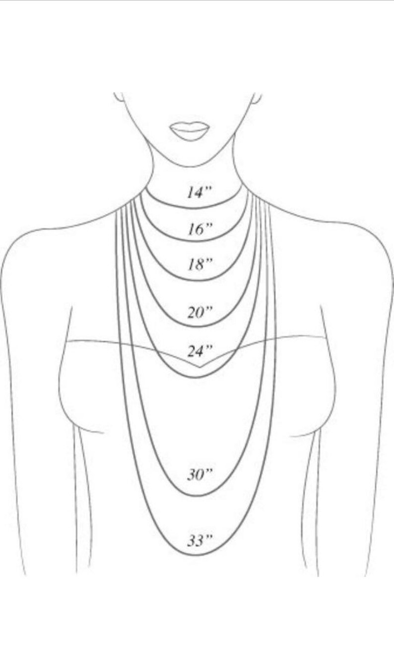 Op de afbeelding: Diagram met verschillende kettinglengtes op de nek van een persoon. De lengtes zijn 14 inch, 16 inch, 18 inch, 20 inch, 24 inch, 30 inch en 33 inch.