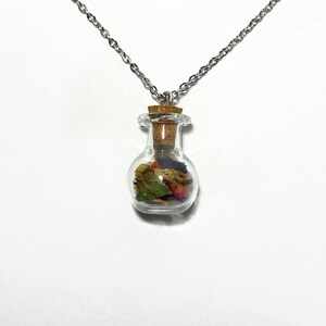Op de afbeelding: Een zilveren ketting met een klein glazen flesje als hanger, gevuld met gedroogde bloemen en bladeren. De fles heeft een kurken stop.