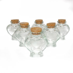 May include: Six clear glass heart-shaped bottles with cork stoppers. The bottles are arranged in a semi-circle on a white background.
