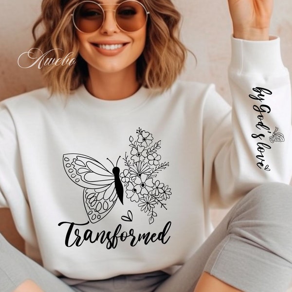 Elegant Christian Quotes SVG PNG, Transformed by Gods Love Svg, Boho Butterfly svg, Bible Verse Svg, Sleeve Shirt Design Svg, Faith svg