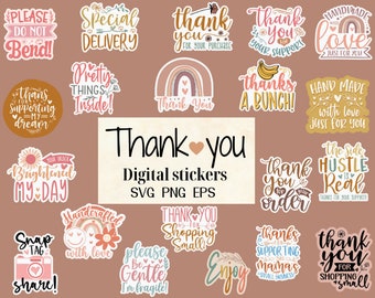 Boho Digital thank you stickers png svg hand lettered | Entrepreneur svg | Packaging sticker for small business png | Made with love svg