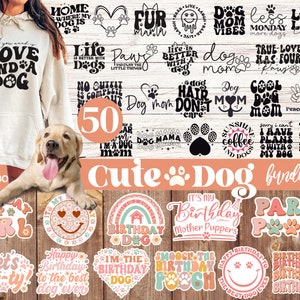 Pacote com 50 cachorros boho em formato SVG, Pacote com citações retrô de cachorros em formato SVG, Mãe de cachorro retrô em formato SVG, Adesivos digitais para impressão de aniversário de cachorro retrô em formato SVG, Cachorro ondulado em formato SVG