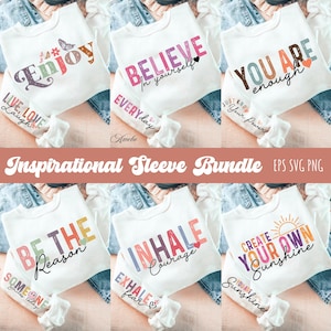 Bundle di PNG SVG con maniche motivazionali colorate, Affermazione positiva svg, Amore per se stessi Svg, Maglietta con citazioni incoraggianti svg, Design maniche Svg, Png