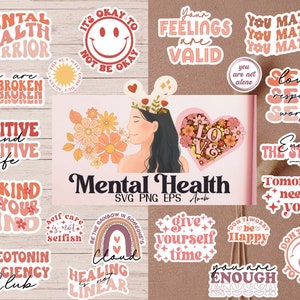 Boho Mental Healthy Svg Png Bundle, Printable Stickers, Motivational quotes, Positive Affirmations, Inspirational Quotes, Self Care svg image 1