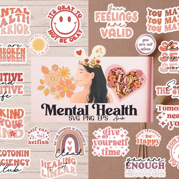 Boho Mental Healthy Svg Png Bundle, Autocollants imprimables, Citations motivationnelles, Affirmations positives, Citations inspirantes, Self Care svg