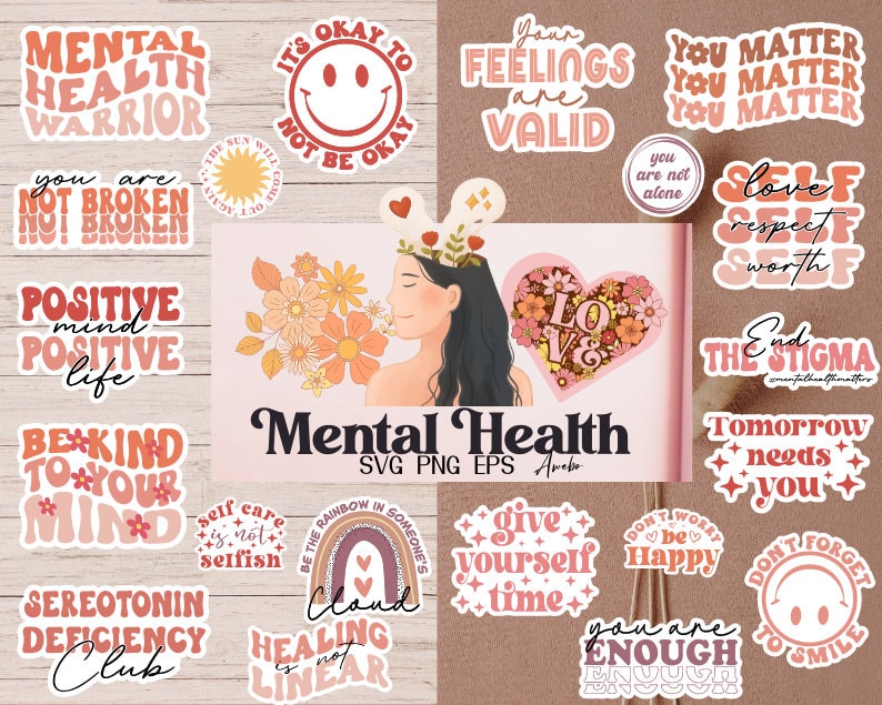 Boho Mental Healthy Svg Png Bundle, Printable Stickers, Motivational quotes, Positive Affirmations, Inspirational Quotes, Self Care svg image 1