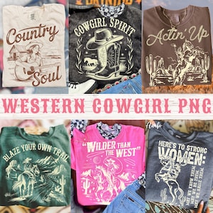Cowgirl PNG Bundle, westliche Grafik-Zitate, Landmädchen Sublimation, Retro Wilder Westen PNGs für T-Shirts und Kunsthandwerk, Cowgirl Reitpferd Png