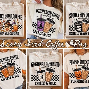 Pode incluir: Uma coleção de seis t-shirts em branco sujo com estampas gráficas de copos de café gelado com temas de Halloween. Os designs incluem textos como Freshly Boo'd Coffee, Witch's Brew Coffee, Spooky Sips Coffee, Trick or Treat Coffee, Ghosted But Caffeinated e Pumpkin Spice Coffee.