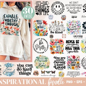30 Boho inspirierende Png-Bundle, positive Affirmationen svg, Selbstpflege-Svg, Freundlichkeit Png, trendige Png, 15 florale inspirierende Png-Designs