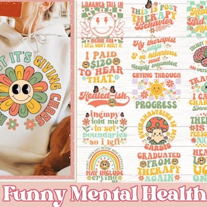 Grappige geestelijke gezondheid SVG PNG-bundel | Retro therapie humor SVG | Zelfzorg citaten Svg | Retro zelfliefde SVG | Sarcastische uitspraken | T-shirt png