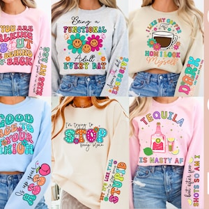 Lot de 6 sarcasmes sur le devant et les manches de chemise PNG, citations drôles Png, rétro sarcastique Png, dictons sarcasmes Svg, humour adulte Png, sublimation png