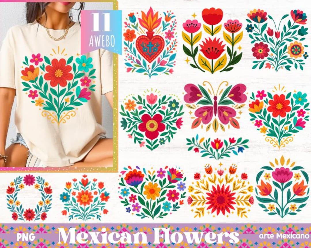 Mexican Floral PNG Bundle, Folk Art Flowers Clipart, Colorful Heart ...