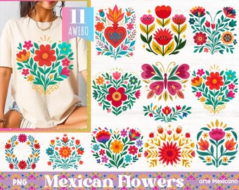 May include: A cream-colored t-shirt with a heart-shaped floral design in red, orange, yellow, and turquoise. The image also features various colorful floral illustrations and the text "Mexican Flowers" and "arte Mexicano".