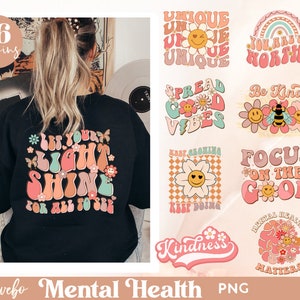 16 Mental Gesundes Png Bundle, Freundlichkeit Png Retro Motivational Png, Wachstums-Mindset Png, Positive tägliche Affirmationen Png, Angst Zitat Png