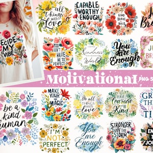 Pacchetto di 15 PNG motivazionali floreali, PNG di amore per se stessi, PNG di affermazioni positive, PNG di "Sei sempre abbastanza", PNG di cura di sé, PNG di gentilezza, PNG di tendenza