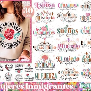 Lot de 30 citations d'immigrants latina PNG SVG, Mujeres Inmigrantes Svg, Boho Latina inspiration Svg, chemises espagnoles florales Sublimation Png