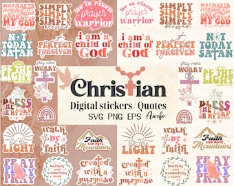 May include: A set of 20 digital stickers featuring Christian quotes and phrases in a retro style. The stickers are in various colors, including pink, orange, yellow, green, and blue. The quotes include "Simply Blessed", "He is Risen Prayer Warrior", "Not Today Satan", "Be the Light", "Walk by Faith", "Faith Can Move Mountains", and "Created with a Purpose".