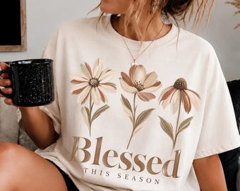Blessed This Season PNG, Boho Fall Floral PNG, Autumn Faith Shirt Design, Hand Painted Flowers Digital Download